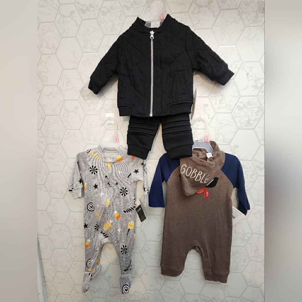 Nwt Lot of 3 Baby Boy's Halloween Thanksgiving Outfit,  Size 0-3 months
